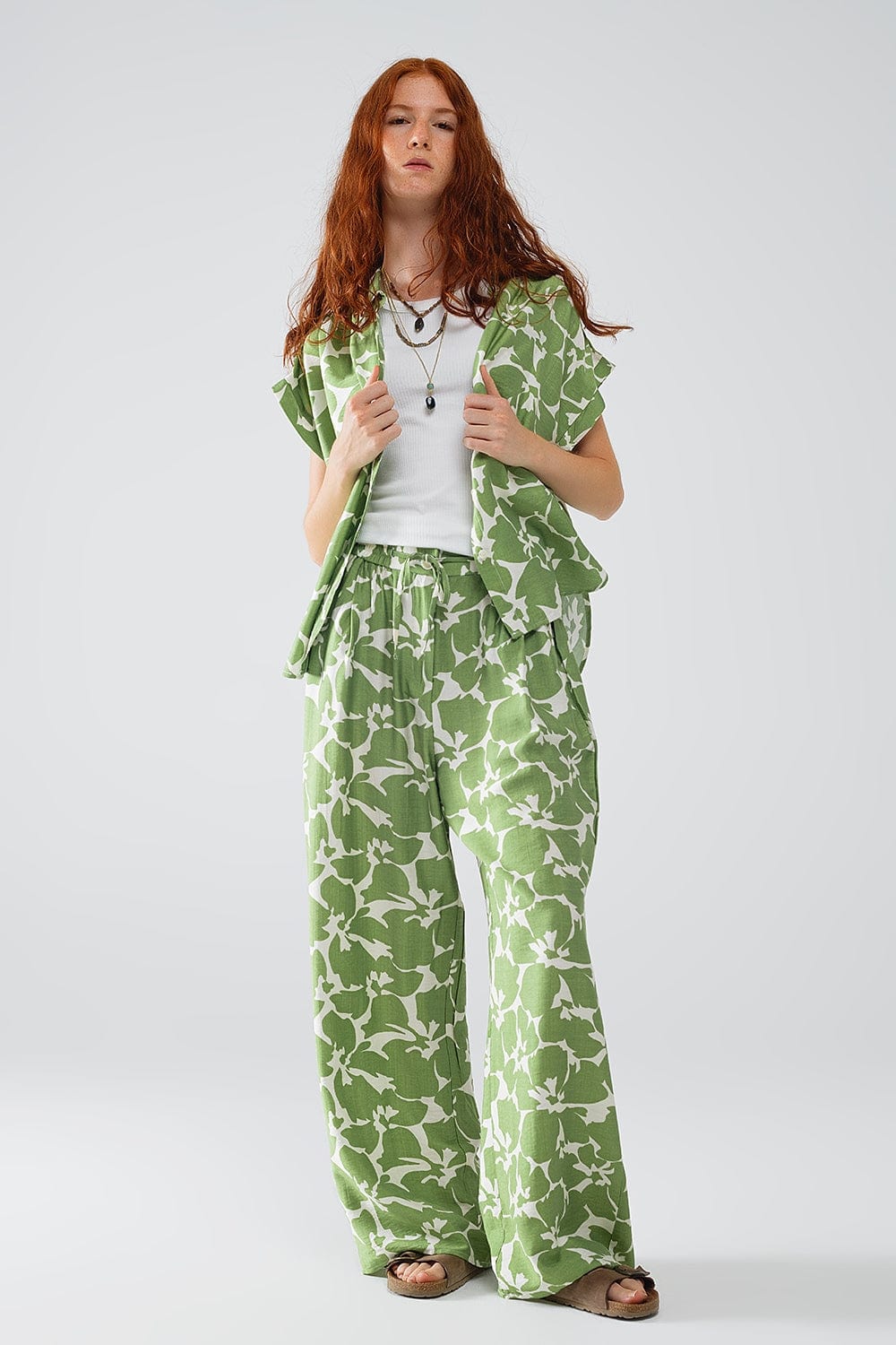 Q2 Women's Pants & Trousers Elasticated Waist Wide Leg Pants With Green Floral Print