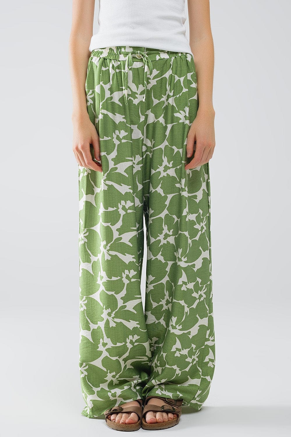 Q2 Women's Pants & Trousers Elasticated Waist Wide Leg Pants With Green Floral Print