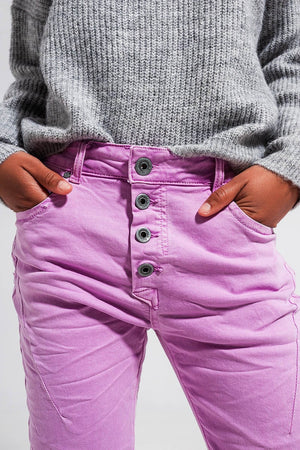 Q2 Women's Pants & Trousers Exposed Buttons Skinny Jeans in Pink