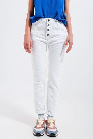 Q2 Women's Pants & Trousers Exposed Buttons Skinny Jeans in White
