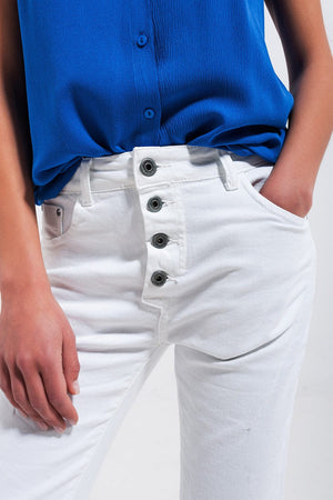 Q2 Women's Pants & Trousers Exposed Buttons Skinny Jeans in White