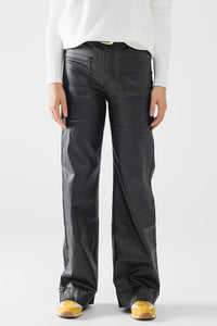 Q2 Women's Pants & Trousers Faux Leather Pants With Wide Leg And Pocket Detail