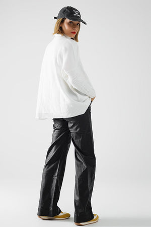 Q2 Women's Pants & Trousers Faux Leather Pants With Wide Leg And Pocket Detail