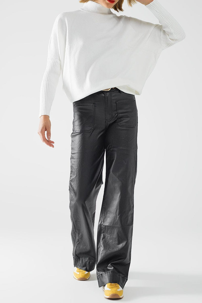 Q2 Women's Pants & Trousers Faux Leather Pants With Wide Leg And Pocket Detail