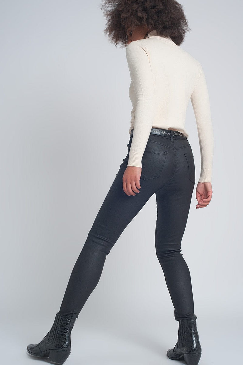Q2 Women's Pants & Trousers Faux Leather Skinny Trousers in Black Colour