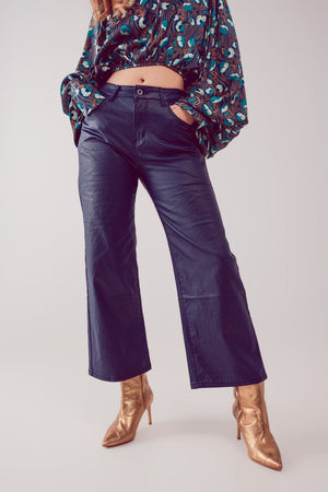 Q2 Women's Pants & Trousers Faux Leather Wide Leg Pants in Blue