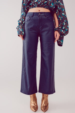 Q2 Women's Pants & Trousers Faux Leather Wide Leg Pants in Blue