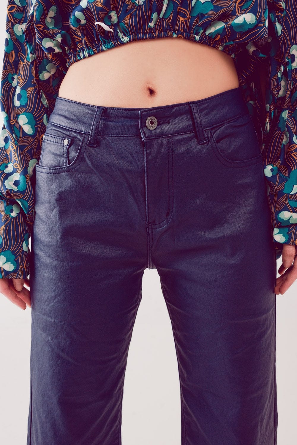 Q2 Women's Pants & Trousers Faux Leather Wide Leg Pants in Blue