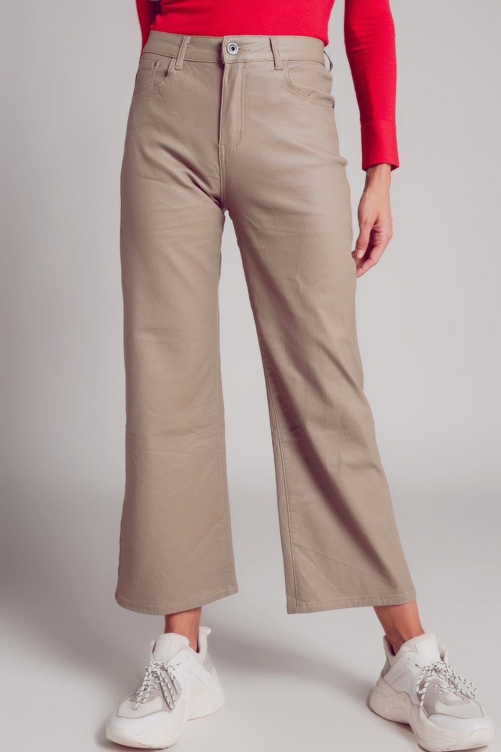 Q2 Women's Pants & Trousers Faux Leather Wide Leg Trouser in Beige