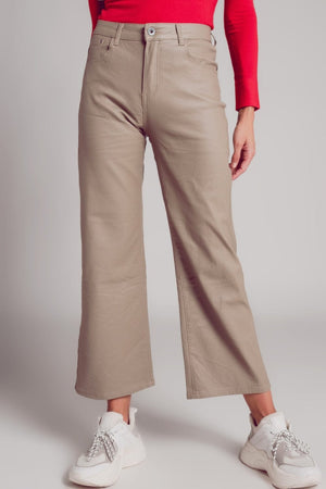 Q2 Women's Pants & Trousers Faux Leather Wide Leg Trouser in Beige