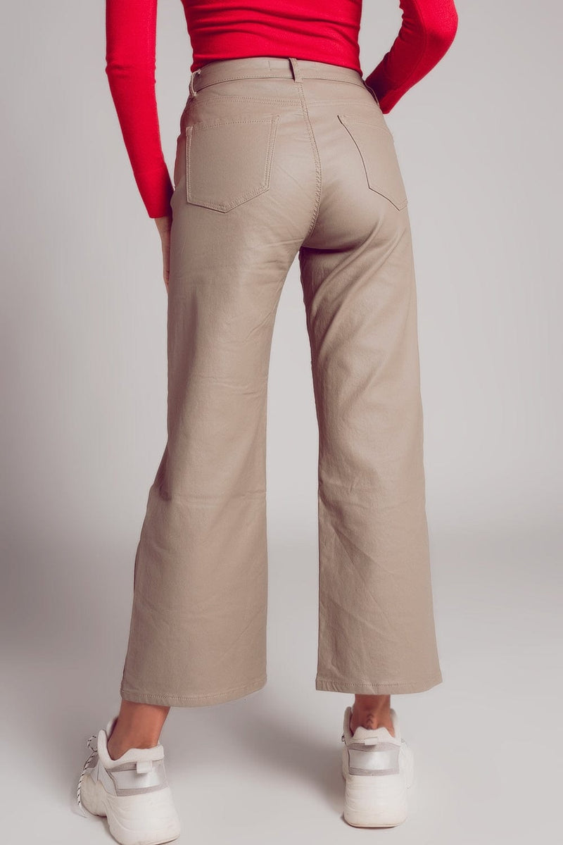 Q2 Women's Pants & Trousers Faux Leather Wide Leg Trouser in Beige