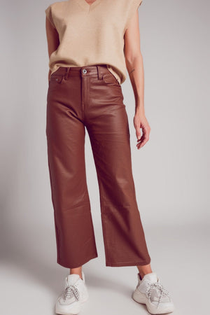 Q2 Women's Pants & Trousers Faux Leather Wide Leg Trouser in Brown