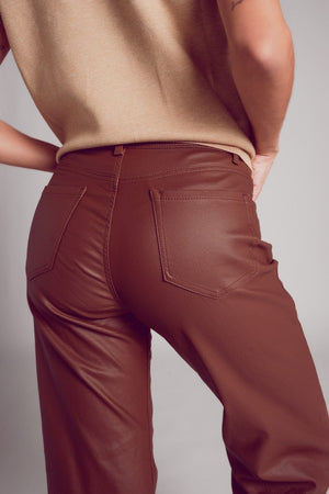 Q2 Women's Pants & Trousers Faux Leather Wide Leg Trouser in Brown