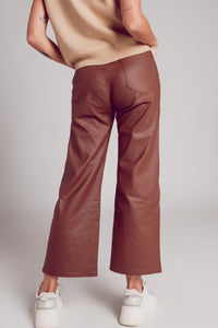 Q2 Women's Pants & Trousers Faux Leather Wide Leg Trouser in Brown