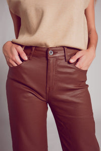 Q2 Women's Pants & Trousers Faux Leather Wide Leg Trouser in Brown