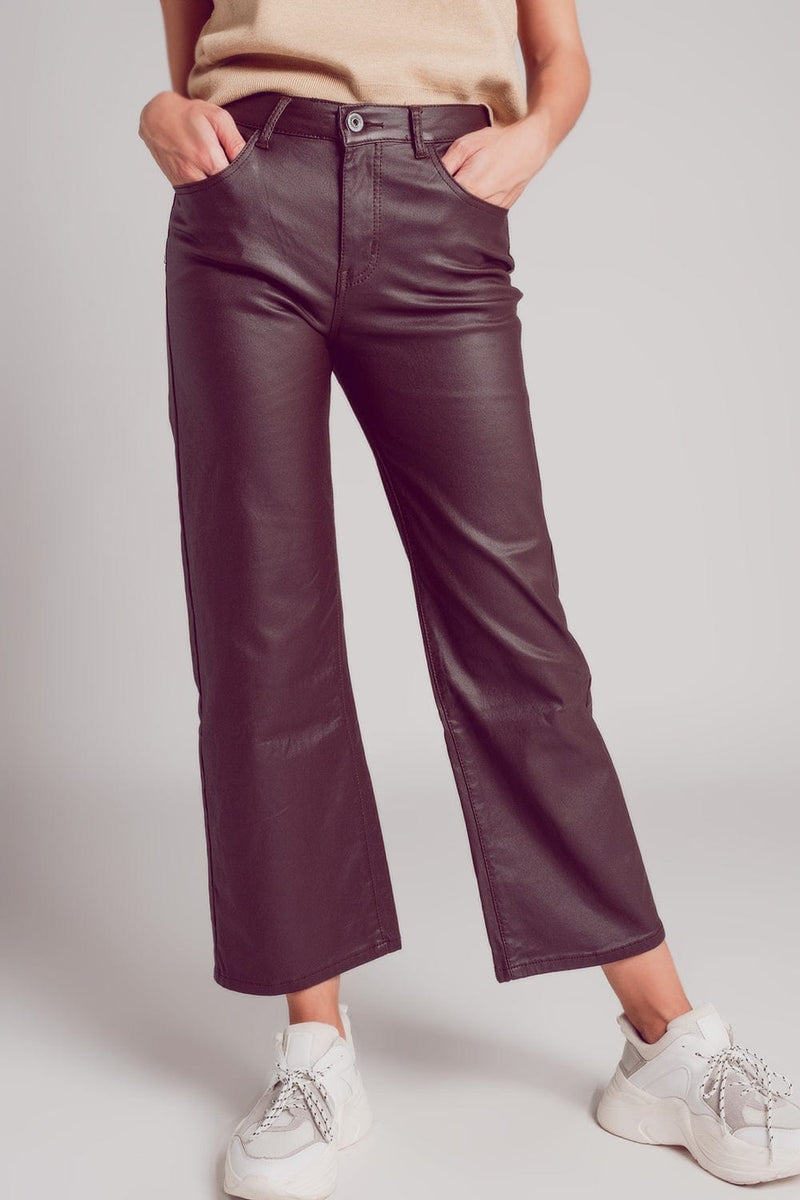 Q2 Women's Pants & Trousers Faux Leather Wide Leg Trouser in Chocolate Brown