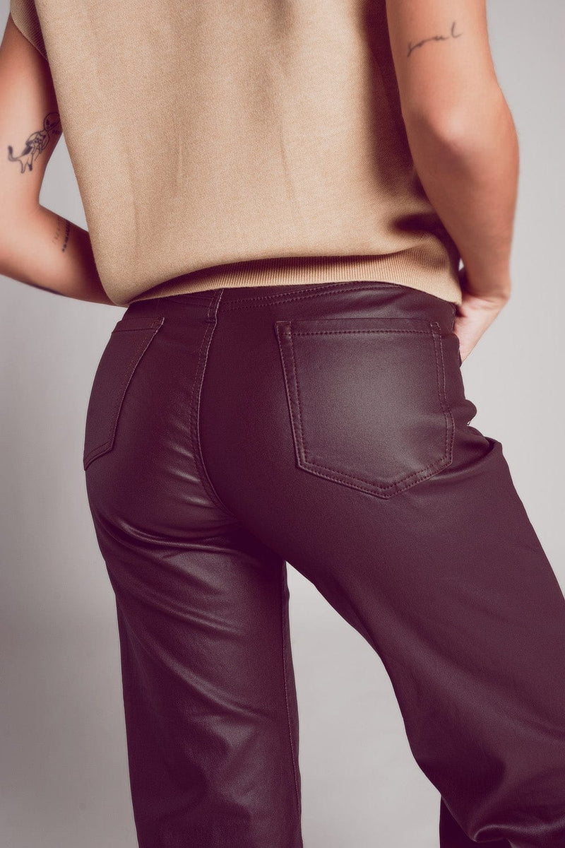 Q2 Women's Pants & Trousers Faux Leather Wide Leg Trouser in Chocolate Brown