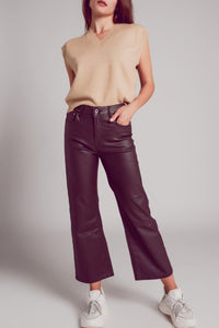 Q2 Women's Pants & Trousers Faux Leather Wide Leg Trouser in Chocolate Brown