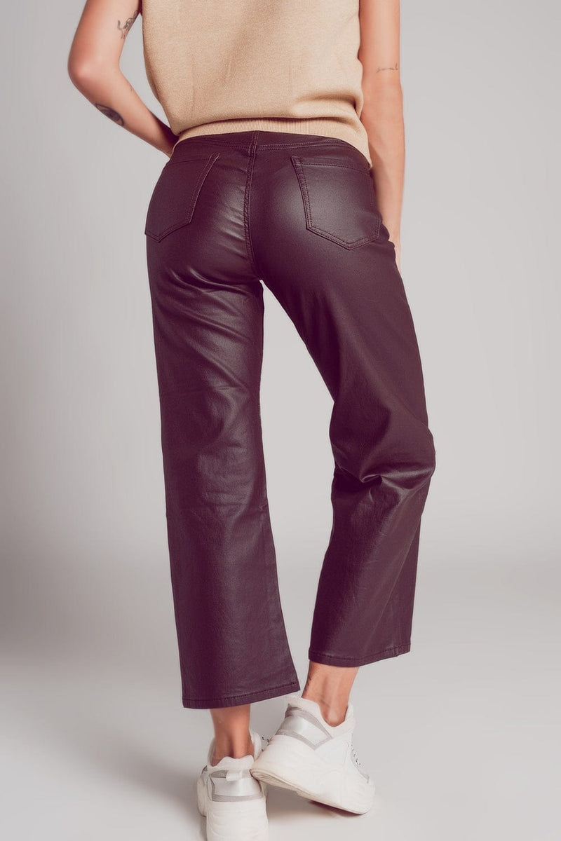 Q2 Women's Pants & Trousers Faux Leather Wide Leg Trouser in Chocolate Brown