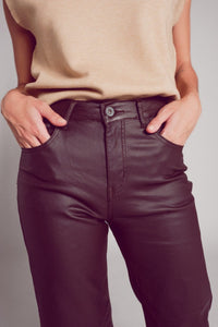 Q2 Women's Pants & Trousers Faux Leather Wide Leg Trouser in Chocolate Brown