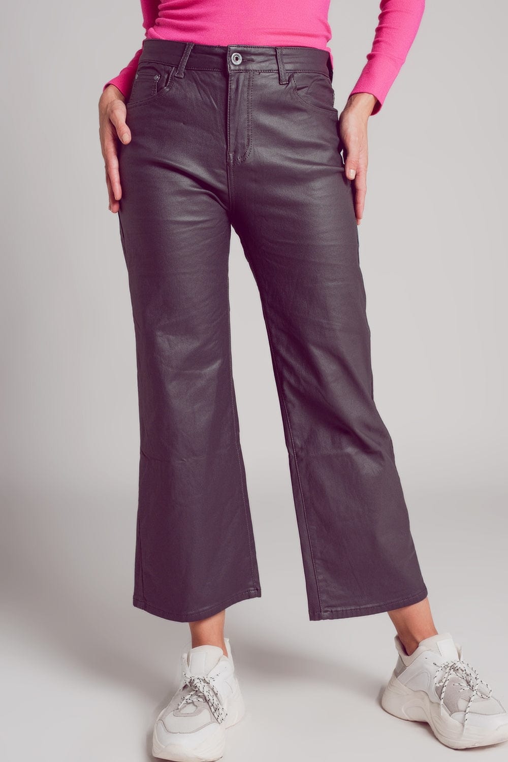 Q2 Women's Pants & Trousers Faux Leather Wide Leg Trouser in Grey