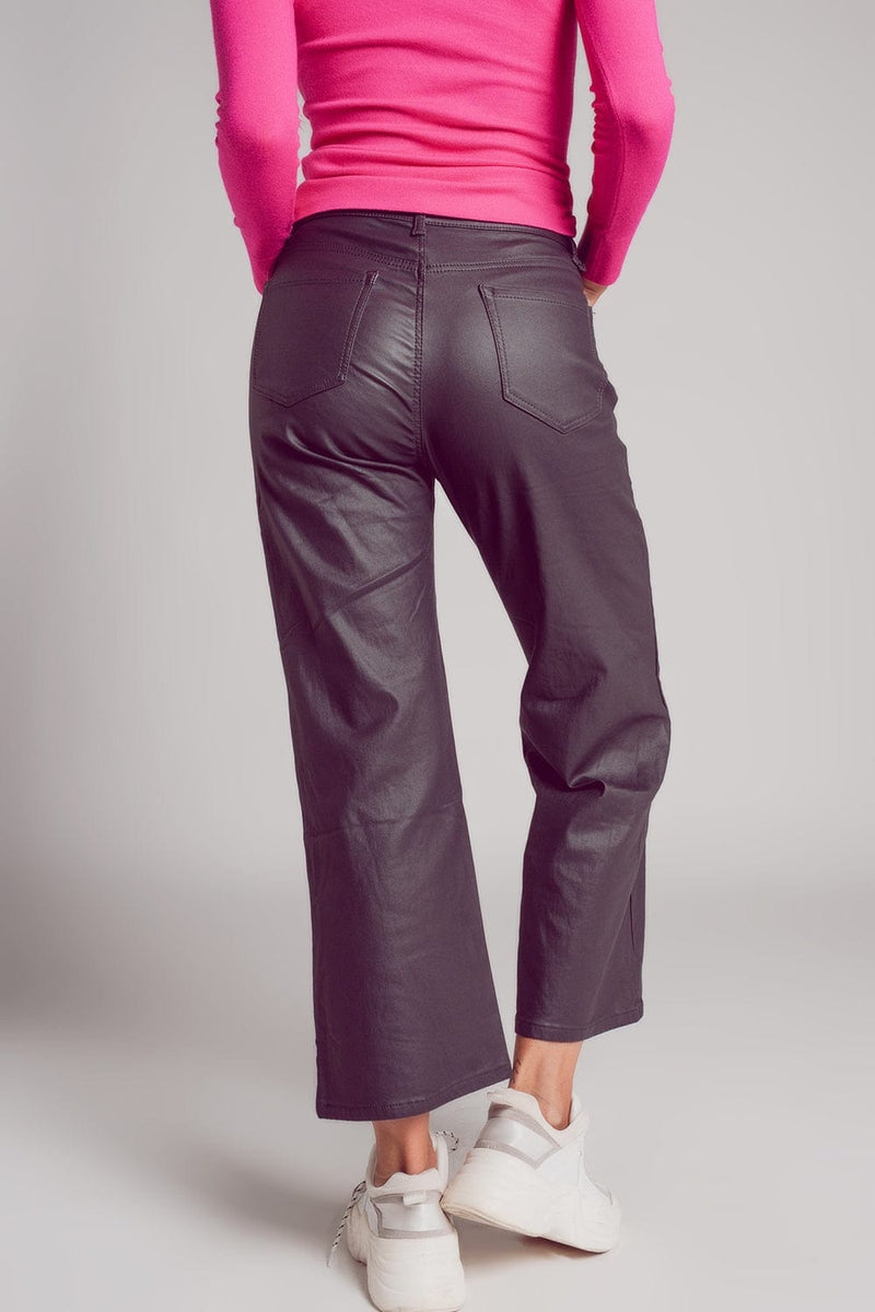 Q2 Women's Pants & Trousers Faux Leather Wide Leg Trouser in Grey