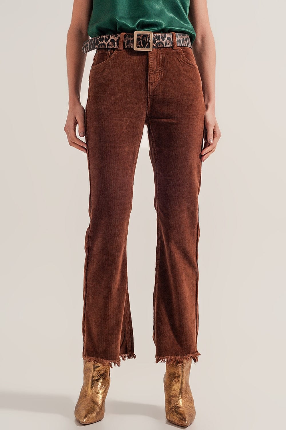 Q2 Women's Pants & Trousers Flare Corduroy Pants in Brown