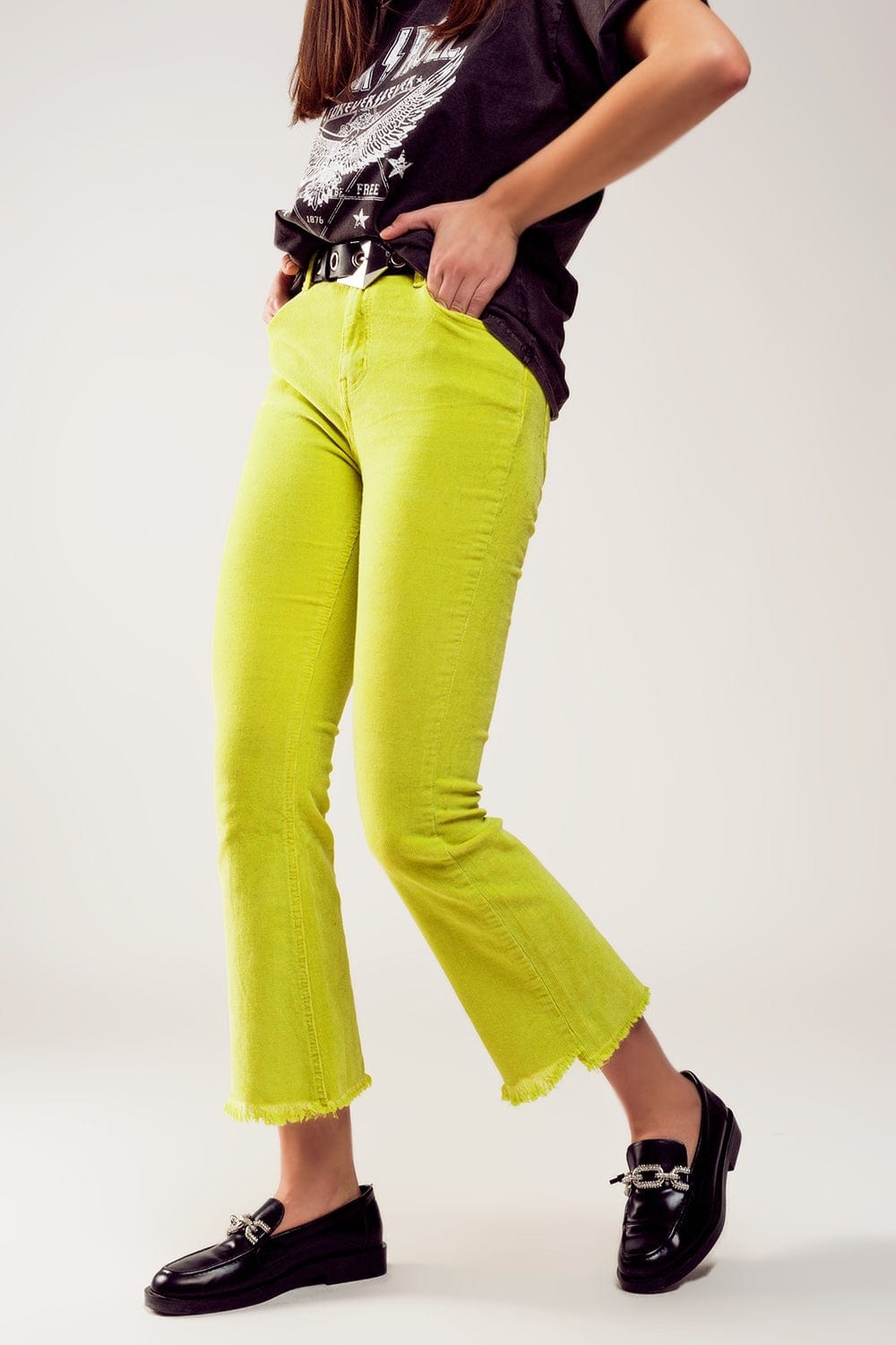 Q2 Women's Pants & Trousers Flare Corduroy Pants in Lime Green