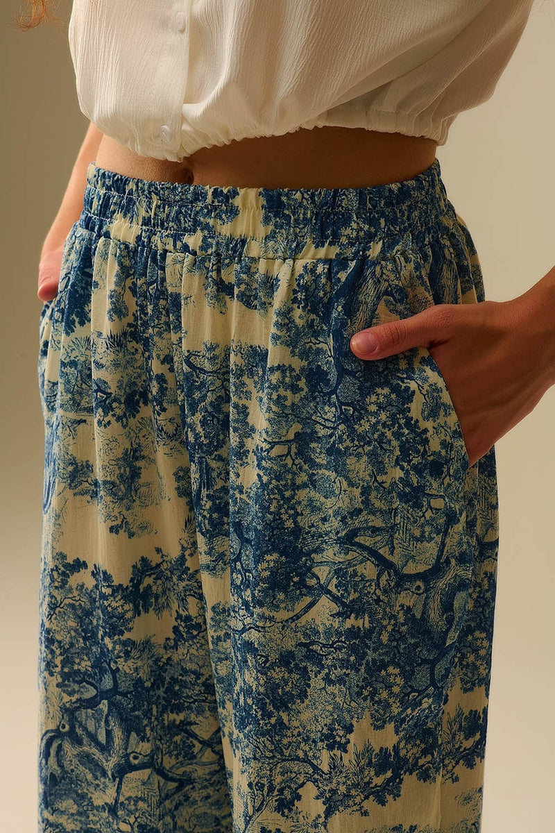 Q2 Women's Pants & Trousers Flowy Toile De Jouy Printed Trousers With Elastic Waist