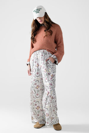 Q2 Women's Pants & Trousers Gray Flower Printed Satin Pants