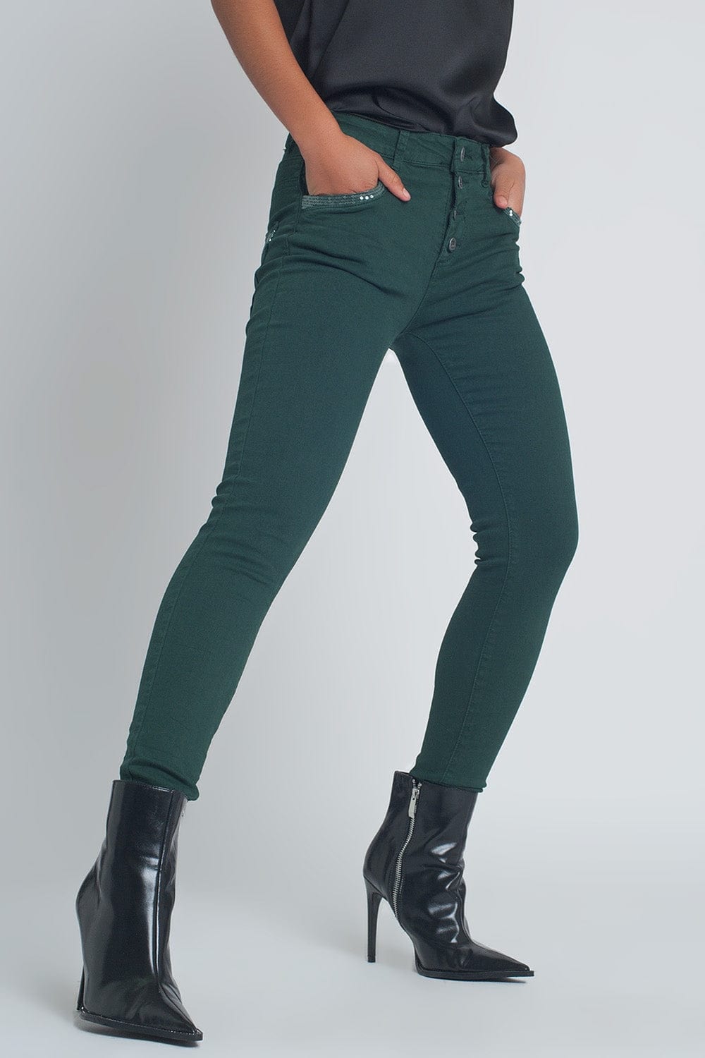 Q2 Women's Pants & Trousers Green Boyfriend Pants with Sequin Pocket Detail