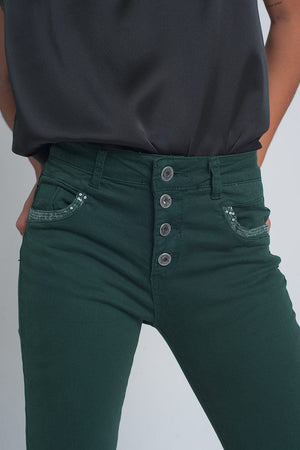 Q2 Women's Pants & Trousers Green Boyfriend Pants with Sequin Pocket Detail