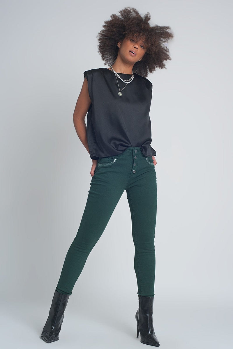 Q2 Women's Pants & Trousers Green Boyfriend Pants with Sequin Pocket Detail