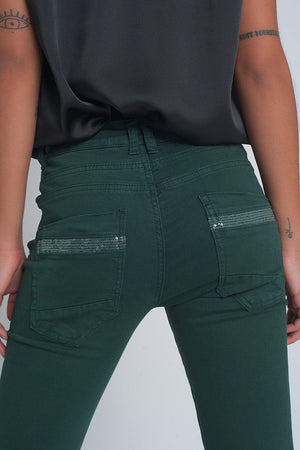 Q2 Women's Pants & Trousers Green Boyfriend Pants with Sequin Pocket Detail