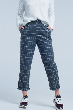 Q2 Women's Pants & Trousers Grey Pants in White Check Print