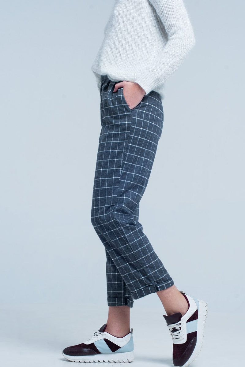 Q2 Women's Pants & Trousers Grey Pants in White Check Print