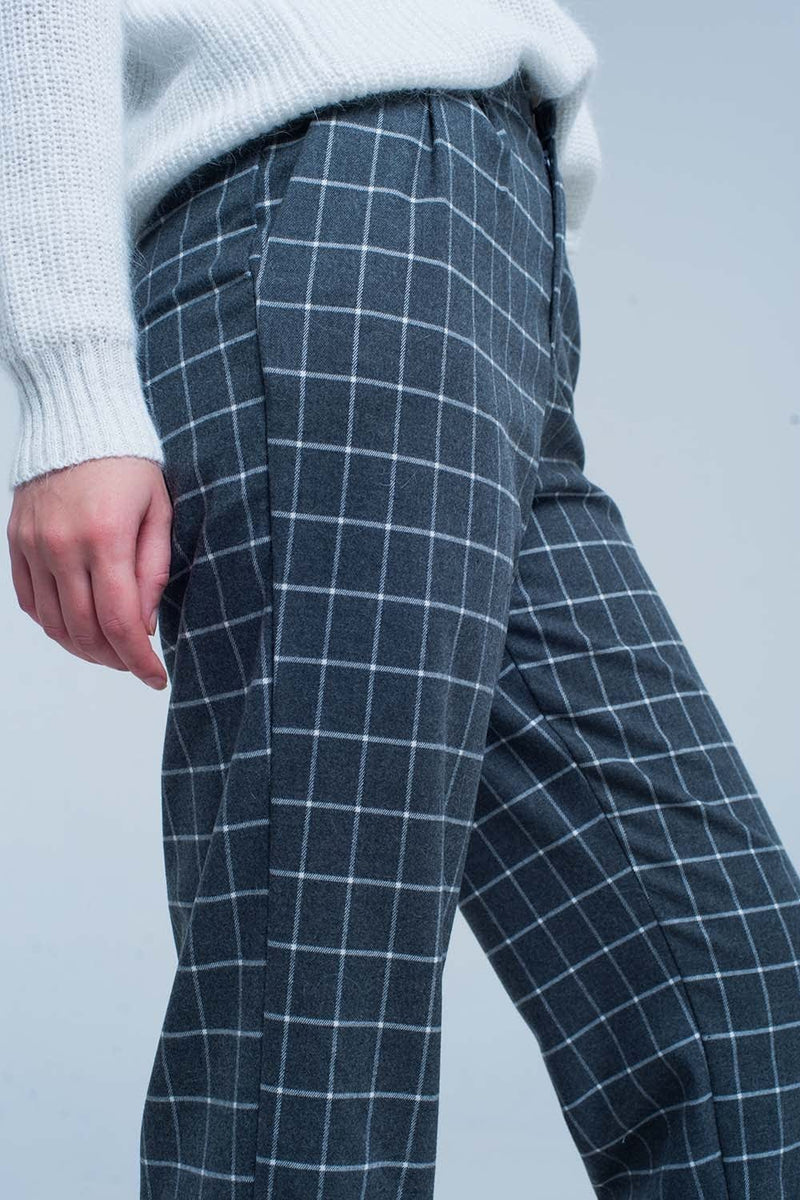 Q2 Women's Pants & Trousers Grey Pants in White Check Print