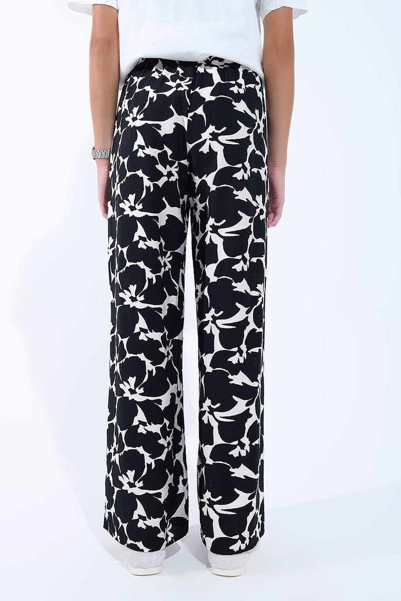 Q2 Women's Pants & Trousers Hawaiian Floral Print Straight Pants In Black And White