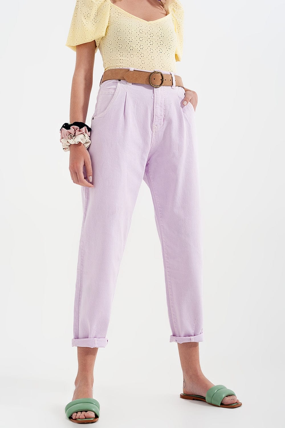 Q2 Women's Pants & Trousers High Rise Mom Jeans with Pleat Front in Lilac