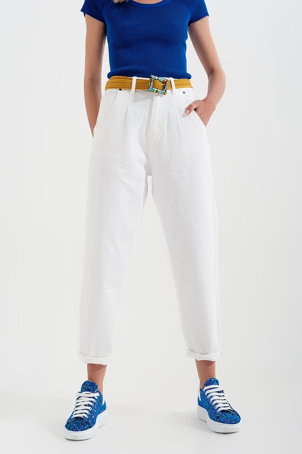 Q2 Women's Pants & Trousers High Rise Mom Jeans with Pleat Front in White