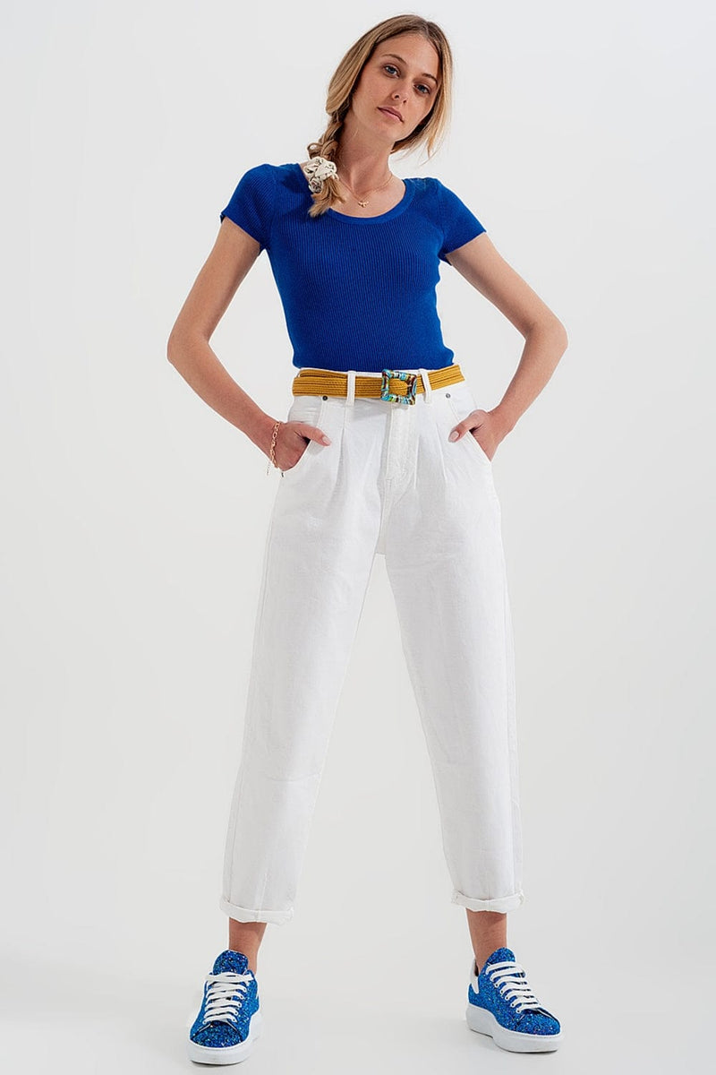 Q2 Women's Pants & Trousers High Rise Mom Jeans with Pleat Front in White