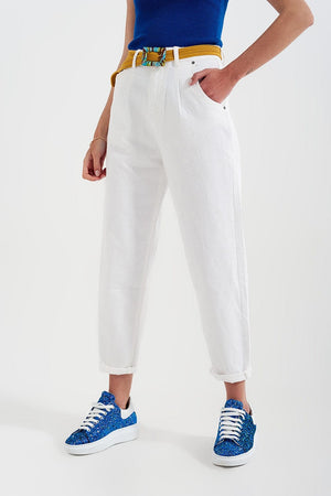 Q2 Women's Pants & Trousers High Rise Mom Jeans with Pleat Front in White