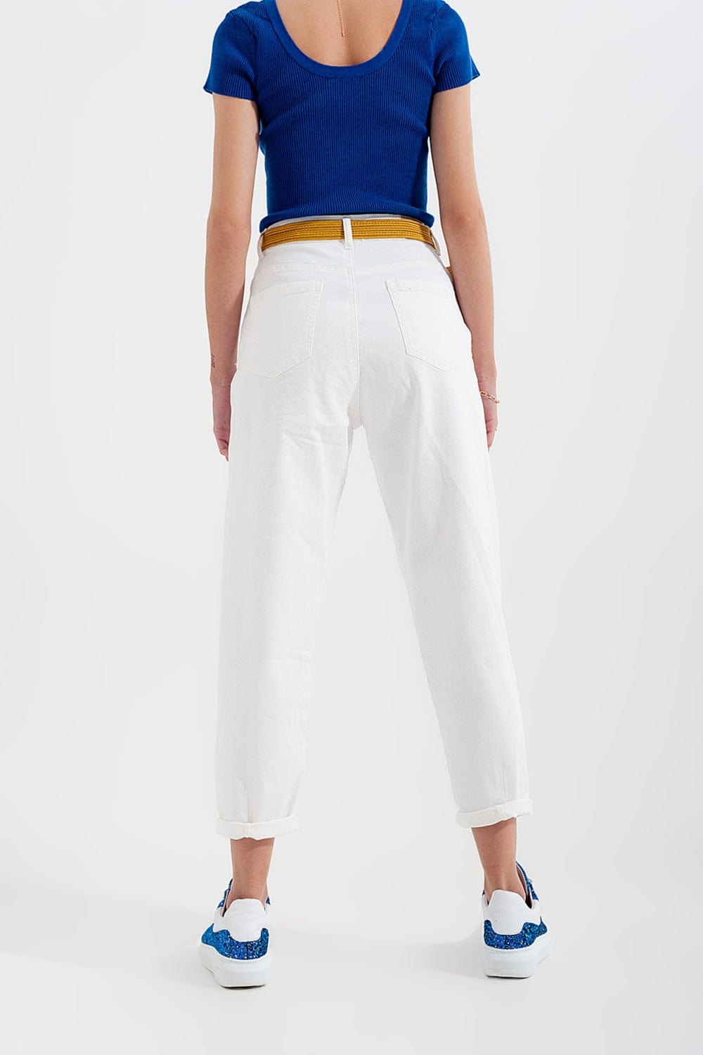 Q2 Women's Pants & Trousers High Rise Mom Jeans with Pleat Front in White