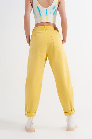 Q2 Women's Pants & Trousers High Rise Mom Jeans with Pleat Front in Yellow