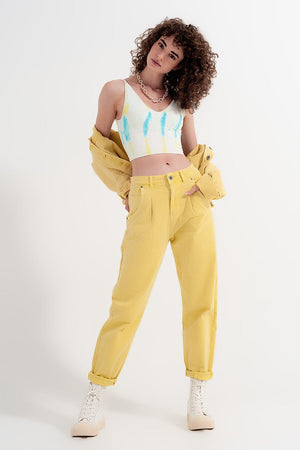 Q2 Women's Pants & Trousers High Rise Mom Jeans with Pleat Front in Yellow