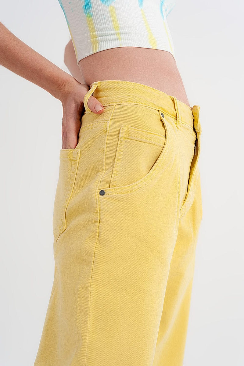 Q2 Women's Pants & Trousers High Rise Mom Jeans with Pleat Front in Yellow