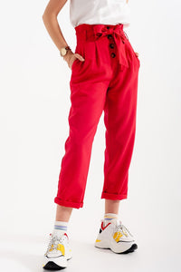 Q2 Women's Pants & Trousers High Waist Belted Paperbag Trousers in Red