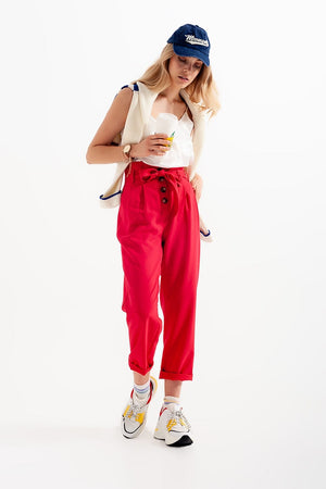 Q2 Women's Pants & Trousers High Waist Belted Paperbag Trousers in Red