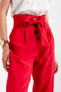 Q2 Women's Pants & Trousers High Waist Belted Paperbag Trousers in Red