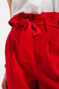 Q2 Women's Pants & Trousers High Waist Belted Paperbag Trousers in Red